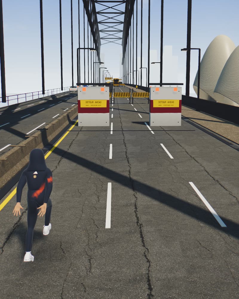 The runner on the Sydney Harbour Bridge deck, steel arch overhead