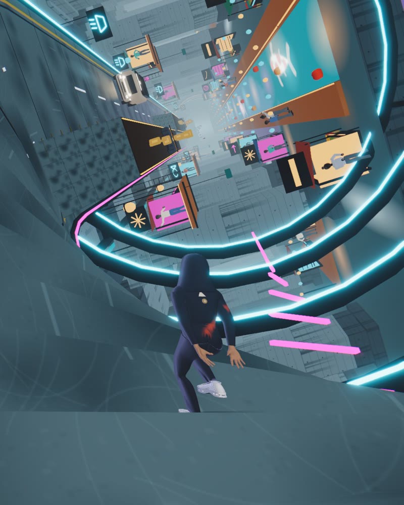 The runner sprinting through a neon loop tunnel in Tokyo