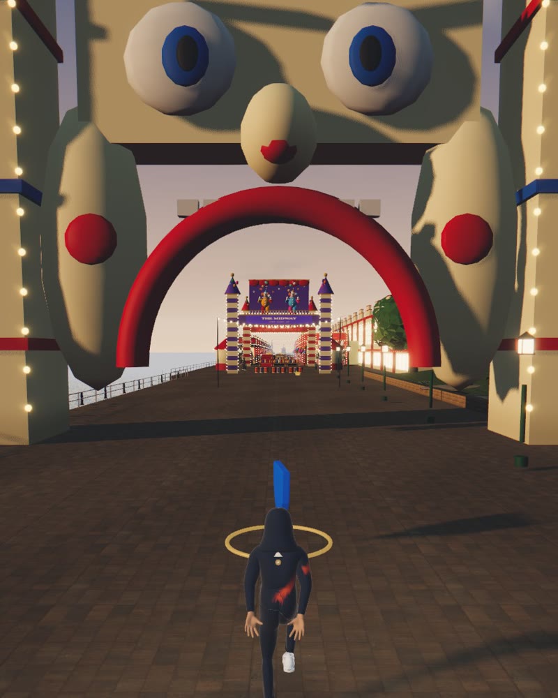 The runner heading into Luna Park's giant face gate at dusk