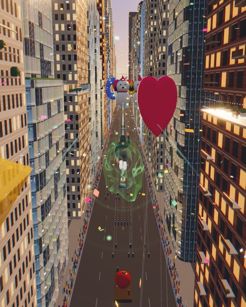Flying between Manhattan towers past giant balloons